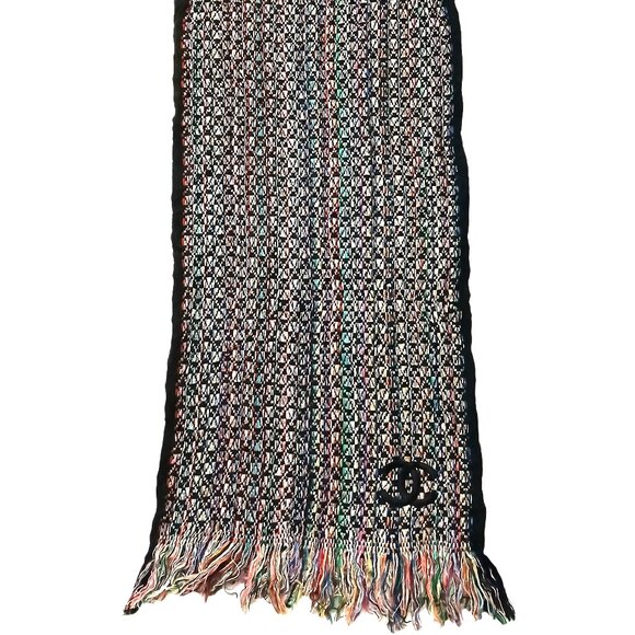 CHANEL Vintage Luxury Black Multi-Color Woven Fringed Cashmere Shawl Wrap Scarf - Picture 3 of 16